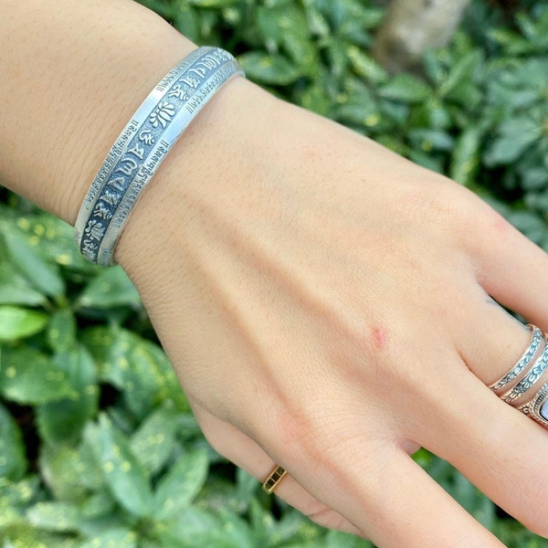 Sterling silver mantra cuff bracelet, unisex meditation bracelet, silver Protection bangle, statement bracelet, mens sterling silver bracele