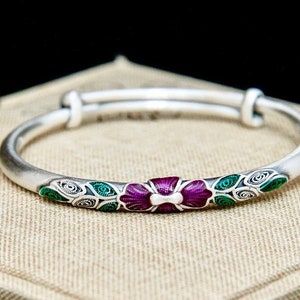 Sterling silver bangle , vintage style enamel bangle, fine silver enamel bracelet with peony flower, leaf bracelet , adjustable bracelet