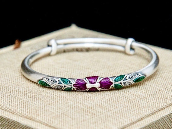 Antique green enamel leaves flowers silver bangle bracelet