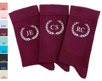 Wedding party socks with custom initials, personalized burgundy socks, black socks, navy blue socks, champagne socks