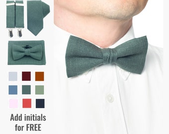 Forest Green Bow Tie and Suspenders Set for Groom, Neckties Pocket Square, Personalize Bowties