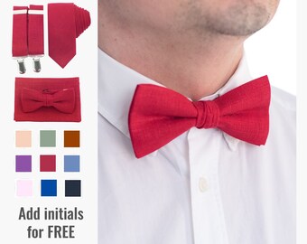 Red Linen Bow Tie, Suspenders & Pocket Square Set: Wedding Groom Attire