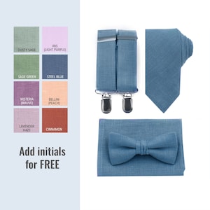 Steel Blue Bow Tie Suspender Dusty Blue Necktie Pocket Square