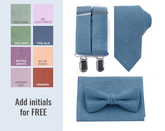 Steel Blue Bow Tie Suspender Dusty Blue Necktie Pocket Square