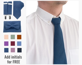 Indigo Blue Groomsman Suspenders and Bowtie with Initials - Bow Ties for Boys Wedding