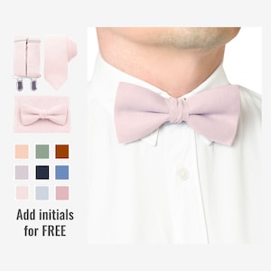 Petal Pink Bow Tie and Suspenders, Wedding Ties and Pocket Square, Custom Necktie for Groomsmen Add Initials optional