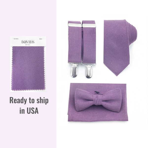 WISTERIA Tie Suspenders Mauve Neck tie Purple Tie Bow Tie and Pocket Square Wedding gromsmen outfit