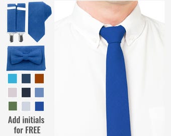 Royal Blue Necktie with Initial Horizon Bow Tie and Suspenders Set for Man