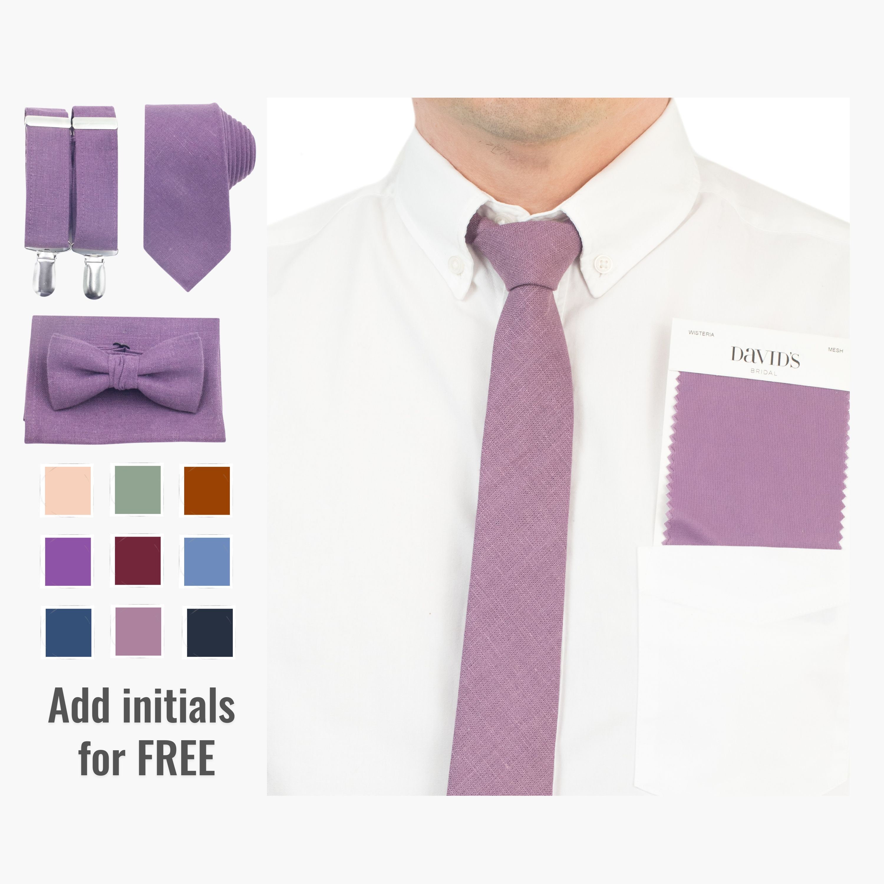 David Bridal Ties Set Wisteria Bowtie Groom Suspenders and Bow Tie Mauve Wedding Necktie With Pocket Square With Initial Etsy
