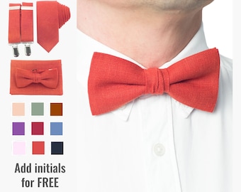Personalized Burnt Orange Linen Bow Tie and Suspenders Set
