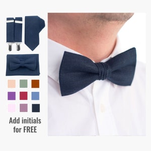 Navy Linen Bow Tie and Suspenders Set: Personalized Wedding Accessories