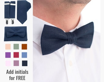 Navy Linen Bow Tie and Suspenders Set: Personalized Wedding Accessories