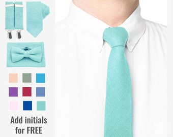 Youth Bowtie and Suspenders Initials, Ring Bearer Outfit Spa Neck Tie, Mint Green Bowties