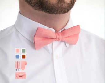 Mens Coral Bow Ties Suspenders Set - Parfait Bowtie with Pocket Square, Wedding Salmon Bowtie