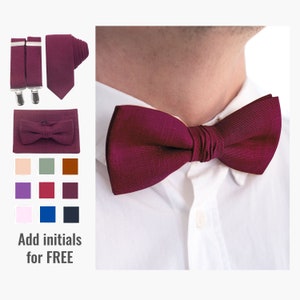 Conjunto de pajarita y tirantes burdeos, corbatas de novio con pañuelo de bolsillo color vino, pajarita con iniciales para hombre