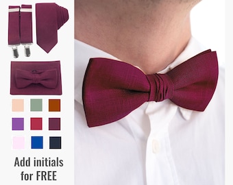 Bowtie and Suspenders Set Burgundy, Groomsmen Neckties with Pocket Square Wine, Initial Bow Tie