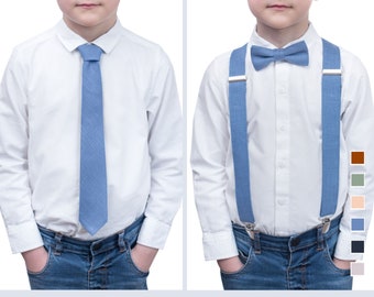 Steel Blue Bow Tie and Suspenders Set Page Boy Outfit matching David's Bridal - Necktie with Pocket Square for Ring Bearer Outfit