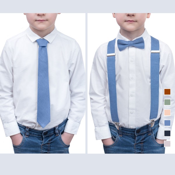 Steel Blue Bow Tie and Suspenders Set Page Boy Outfit matching David's Bridal - Necktie with Pocket Square for Ring Bearer Outfit