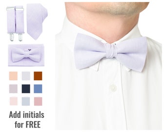 Custom Initials Bow Tie and Suspenders Light Purple Groomsman Gift Necktie with Suspender