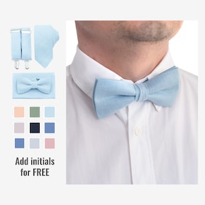 Boy Personalized Bow Tie and Suspenders Set, Mens Monogram Bowtie for Gift, Light Blue Custom Bow Ties with Pocket Square for Groomsmen