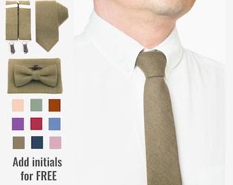 Dark Olive Green Linen Neck Tie and Pocket Square for Man Custom Bowtie Suspenders