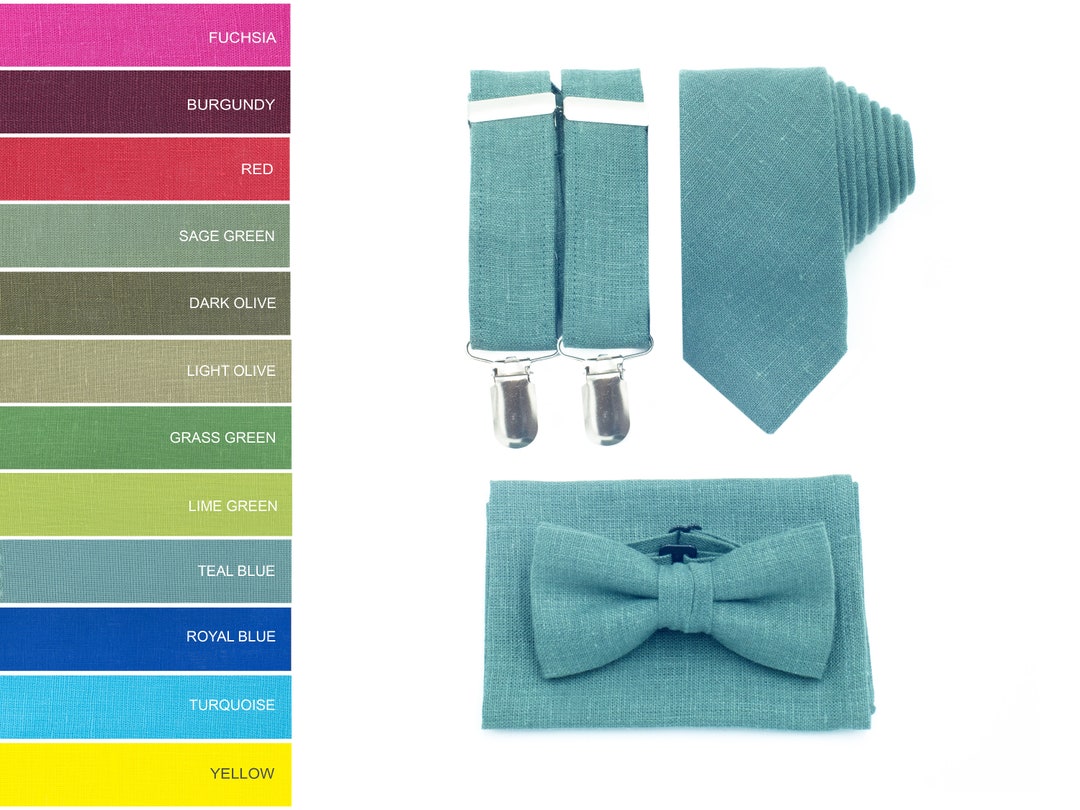 Teal Blue Bow Tie Suspenders for Men Necktie With Pocket Etsy
