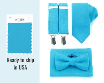 Malibu Bow Tie Suspenders Turquoise Neck Ties Bright Blue Bowtie Pocket Square Mens Wedding Suspenders and Bow Tie