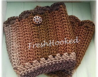 Brown Boot Cuffs Boot Topper with Wooden Button Scalloped Top