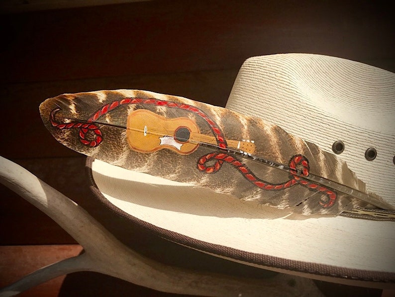 bluegrass music western swing music western music cowgirl hat Custom hat feather cowboy hat feather guitar hat feather feather art