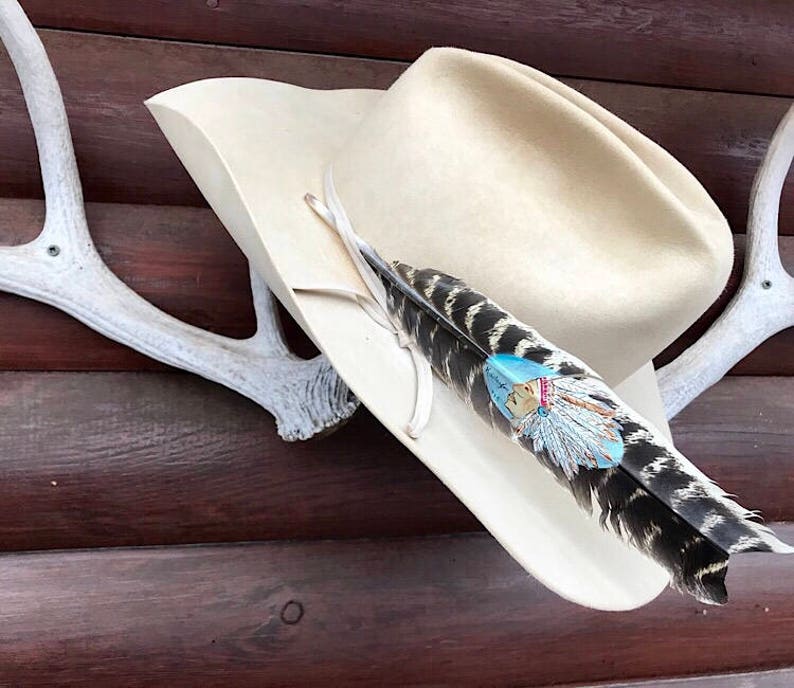 painted feather art boho Big Chief hand painted natural style turkey wing feather Custom cowboy hat feather western retro cowboy