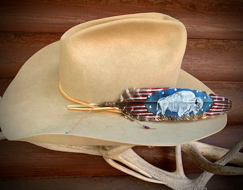 white blue sacred symbol of hope and good times to come stars and stripes western retro cowboy White buffalo custom hat feather,red