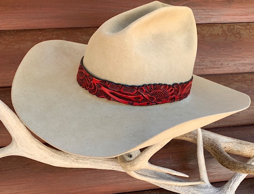 Red Leather Hat Band Carved Leather Band for Hat Cowboy and Etsy