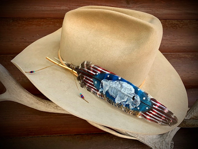 white blue sacred symbol of hope and good times to come stars and stripes western retro cowboy White buffalo custom hat feather,red