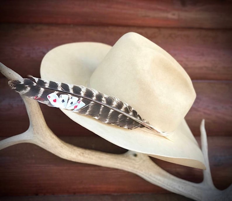 may be personalized The Good Hand Custom cowboy hat feather hand painted western retro cowboy playing cards four aces turkey feather