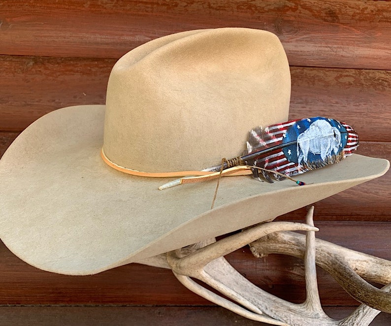 white blue sacred symbol of hope and good times to come stars and stripes western retro cowboy White buffalo custom hat feather,red