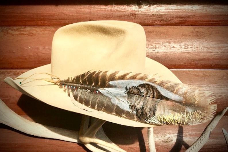 cowboy hat, western art native style buffalo feather art partial view hand painted bison wild turkey wing feather Custom hat feather