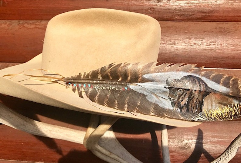 cowboy hat, western art native style buffalo feather art partial view hand painted bison wild turkey wing feather Custom hat feather