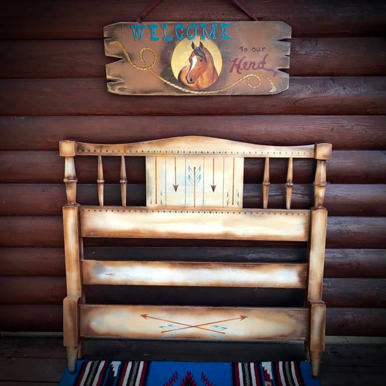 Vintage Western Twin Bed, Hand Painted Antique Solid Wood Bed Vintage western twin bed, hand painted antique solid wood bed, Childrens western Furniture - Vintage Western Twin Bed, Hand Painted Antique Solid Wood Bed