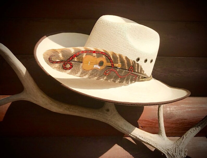 bluegrass music western swing music western music cowgirl hat Custom hat feather cowboy hat feather guitar hat feather feather art