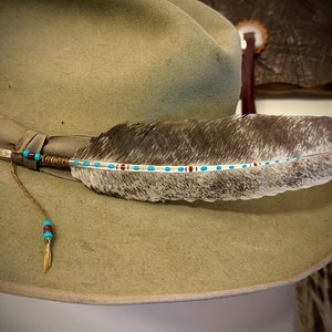 Simply Cowboy, HAT FEATHER, Boho western, uniquely marked, natural turkey feather, hand painted native accents, with beaded sinew wind tie