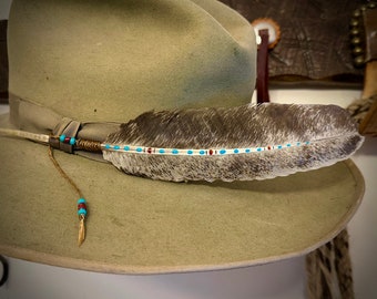 Simply Cowboy, HAT FEATHER, Boho western, uniquely marked, natural turkey feather, hand painted native accents, with beaded sinew wind tie