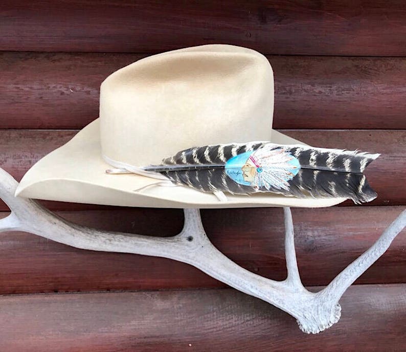 painted feather art boho Big Chief hand painted natural style turkey wing feather Custom cowboy hat feather western retro cowboy