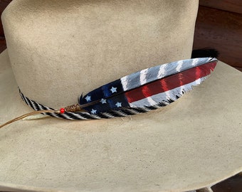 Mini size hat feather, flag feather, American hat feather, choice of flag style, patriotic western  symbol, red, white, blue, stars, stripes