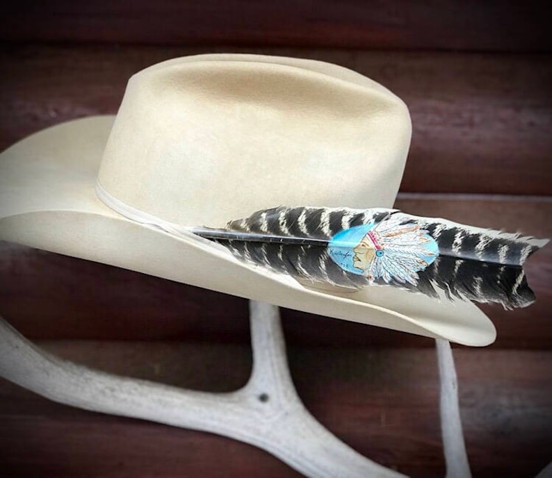 painted feather art boho Big Chief hand painted natural style turkey wing feather Custom cowboy hat feather western retro cowboy