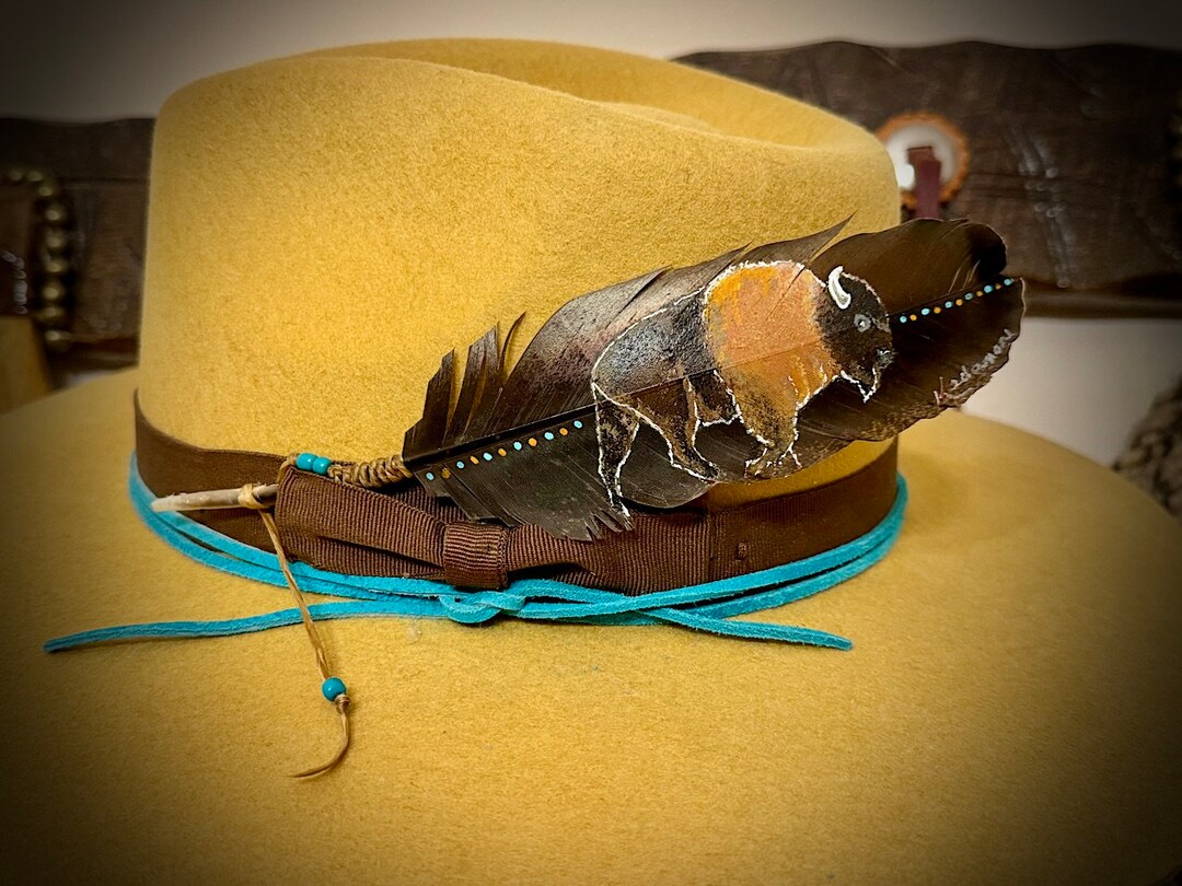Custom Hat Feather Buffalo Hand Painted in Boho Western Etsy