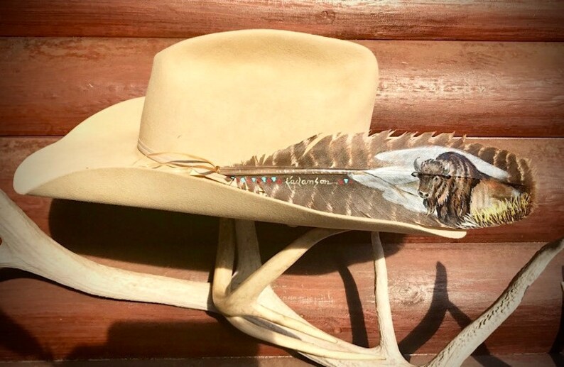 cowboy hat, western art native style buffalo feather art partial view hand painted bison wild turkey wing feather Custom hat feather