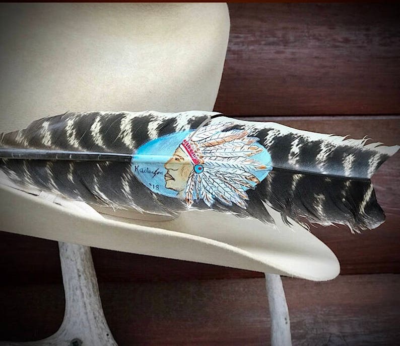 painted feather art boho Big Chief hand painted natural style turkey wing feather Custom cowboy hat feather western retro cowboy