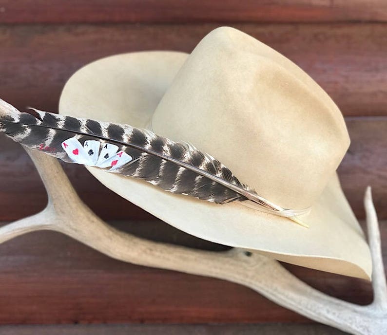 may be personalized The Good Hand Custom cowboy hat feather hand painted western retro cowboy playing cards four aces turkey feather