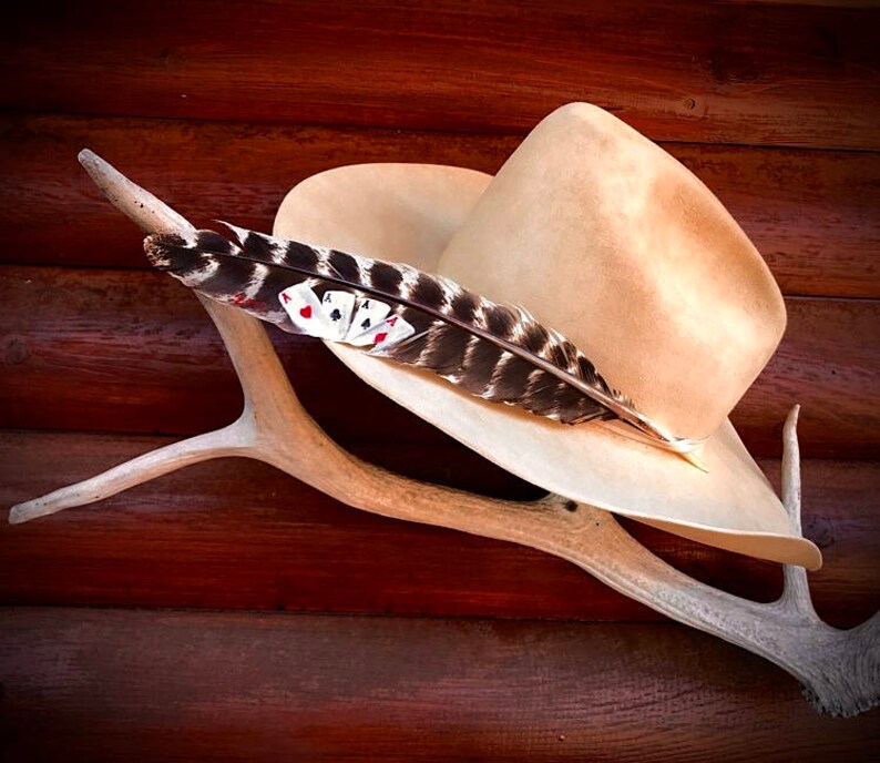 may be personalized The Good Hand Custom cowboy hat feather hand painted western retro cowboy playing cards four aces turkey feather