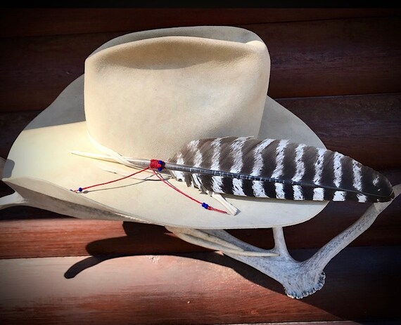 Hat Feathers, Wild Turkey Wing Feather, Natural, YOUR CHOICE of Hand Tied  Sinew Beaded Wind Tie, Western Retro Hat Accessory, Cowboy,cowgirl 